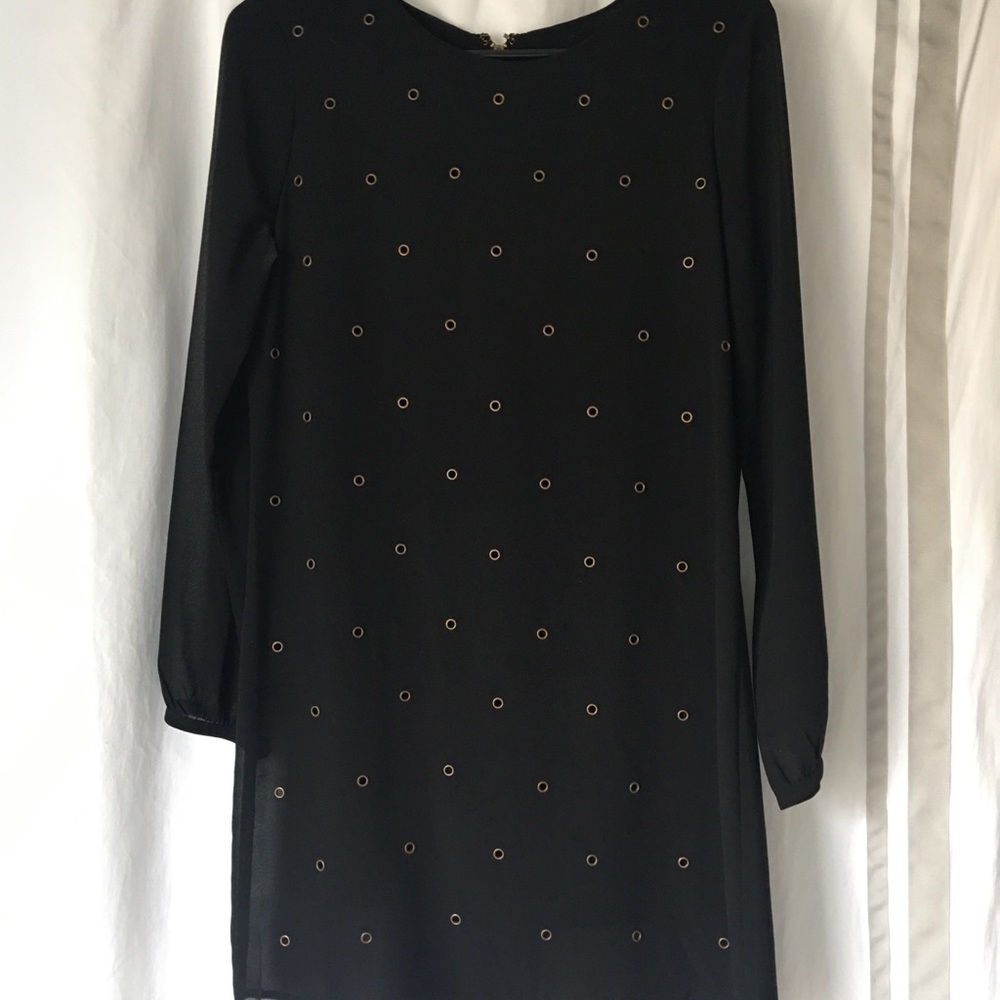 Black Dress with sheer sleeves detailed front